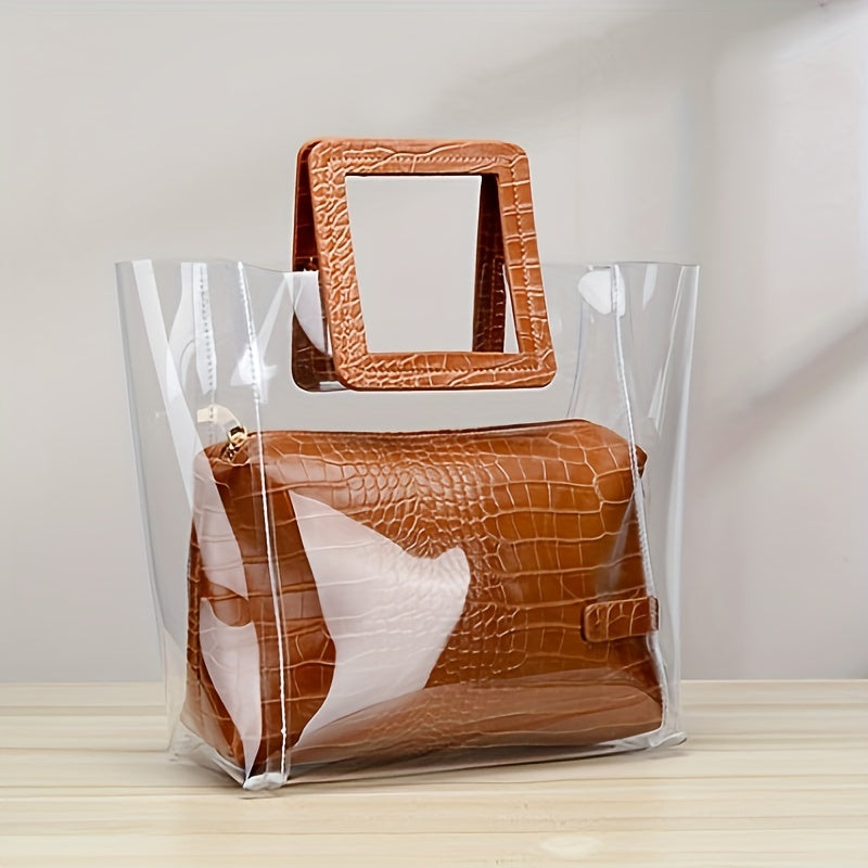 solvbao  2pcs Transparent Tote Bag Set, Fashion PVC Handbag, Clear Jelly Bag With Crocodile Pattern Clutch Bag