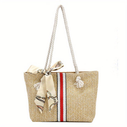 solvbao  Striped Pattern Straw Tote Bag, Travel Beach Shoulder Bag, Simple Bag With Scarf Decor