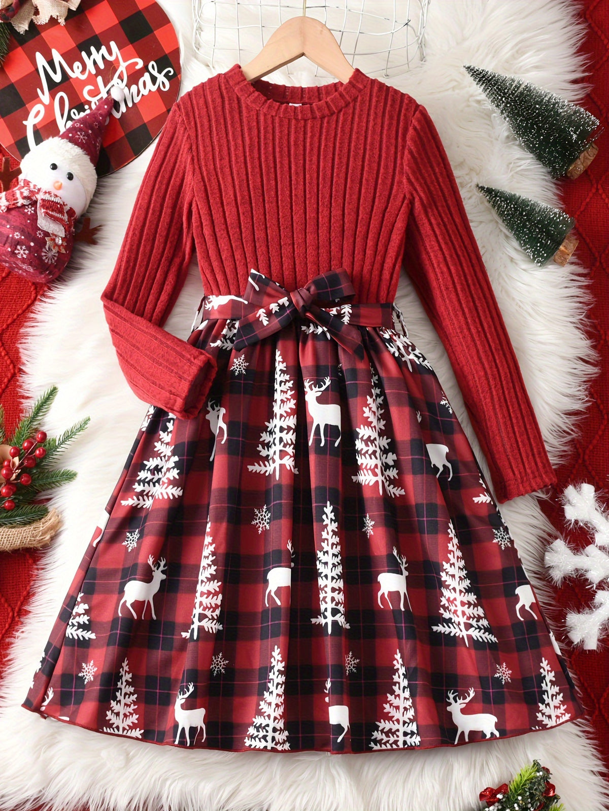 GOKISTOTR Girls' Christmas Dress, Elegant Fashion, Long Sleeve, Polyester, Round Neck, Mid-Length, A-Line, Ribbon Waist, No Padding, Festive Plaid & Reindeer Print, Party Style, Youth Size