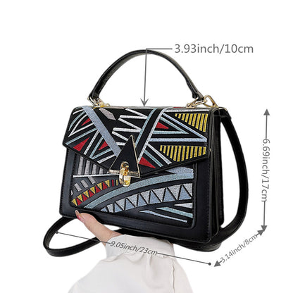 solvbao  Geometric Pattern Flap Square Bag, Women's Colorblock Embroidery Shoulder Crossbody Purse With Buckle