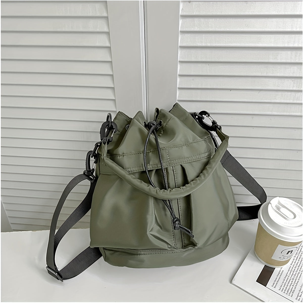 solvbao  Minimalist Nylon Bucket Bag, Solid Color Drawstring Handbag, Casual Sports Travel Daily Crossbody Bag