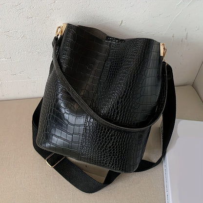 solvbao  Fashion Crocodile Print Bucket Bag, Solid Color Shoulder Bag, Perfect Crossbody Bag For Daily Use