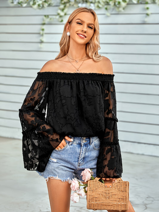 solvbao  Long Sleeve Off Shoulder Blouse, Casual Every Day Top For Spring & Summer, Women's Clothing