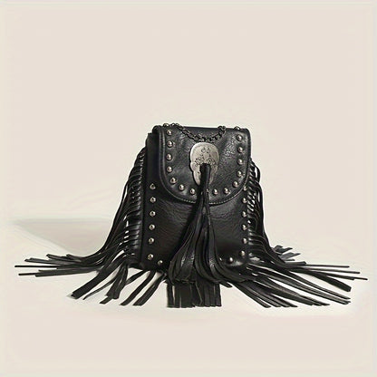 solvbao  Steampunk Fringe Crossbody Bag, Trendy Rivet Shoulder Bag, Vintage Tassel Mobile Phone Bag