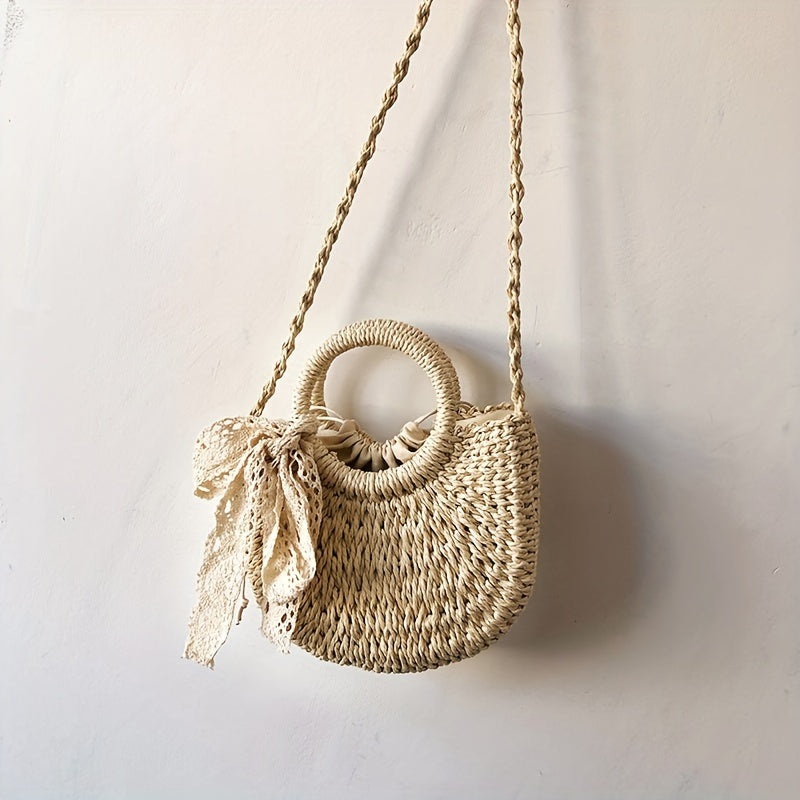 solvbao  Simple Woven Drawstring Shoulder Bag, Minimalist Straw Crossbody Bag With Scarf Decor