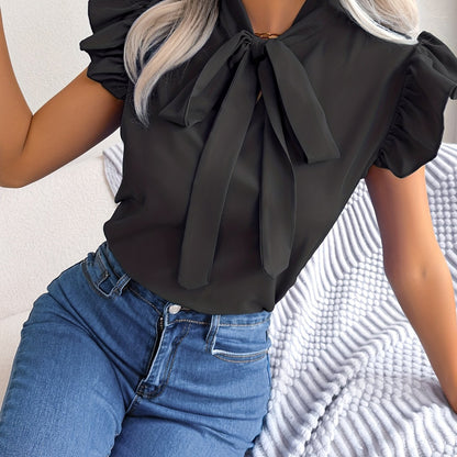 solvbaoBow Tie Flutter Sleeve Blouse, Elegant Sleeveless Solid Ruffle Trim Blouse, Women's Clothing