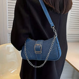 solvbao  Y2K Denim Crossbody Handbag, Chain Decor Shoulder Bag, Buckle Decor Stitch Chain Baguette Bag