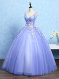 Solvbao Cute Lavender Tulle Ball Gown V-neckline Sweet 16 Dresses, Light Purple Formal Dresses