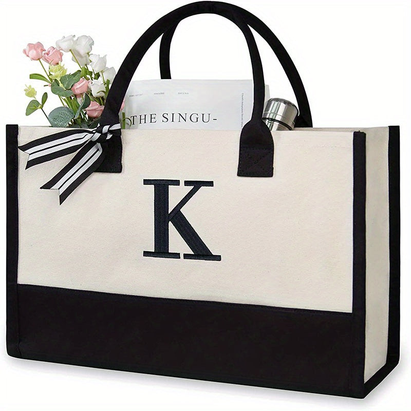 solvbao Personalized Canvas Beach Bag Letter Canvas Tote Practical Tote Lunch Bag