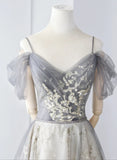 solvbao A-line Grey Off Shoulder Sweetheart Tulle Prom Dress, Grey Long Evvening Dress