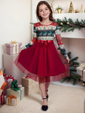 Kilottor Girls' Christmas Print Tulle Dress with Bow Tie Waistband, Long Sleeve, Knee-Length, Party Style, Round Neck, Stretch Knit Fabric, Festive Holiday Outfit for Kids