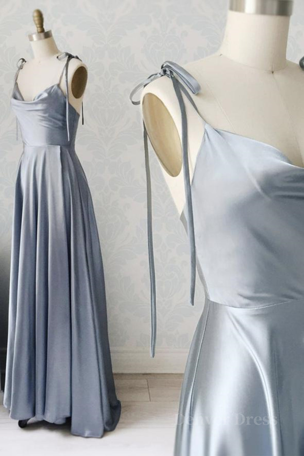 kamahe Elegant A Line Gray Satin Long Prom Dresses, Gray Formal Graduation Evening Dresses