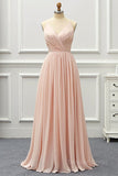 kamahe Elegant A Line V Neck Pink Long Prom Dress, Pink Formal Graduation Evening Dress