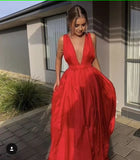 kamahe Elegant A line V Neckline Long Red Prom Dress 22th Birthday Outfits