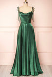 kamahe Elegant Backless Green Satin Long Prom Dresses, Backless Green Formal Graduation Evening Dress