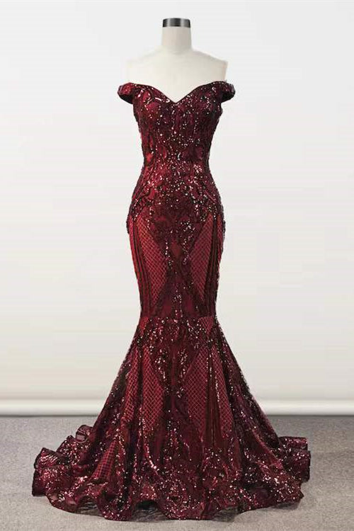 kamahe Elegant Burgundy Off-the-shoulder Mermaid Prom Dresses