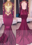 kamahe Elegant High-Neck Long-Sleeves Gold-Appliques Backless Prom Dresses