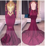 kamahe Elegant High-Neck Long-Sleeves Gold-Appliques Backless Prom Dresses