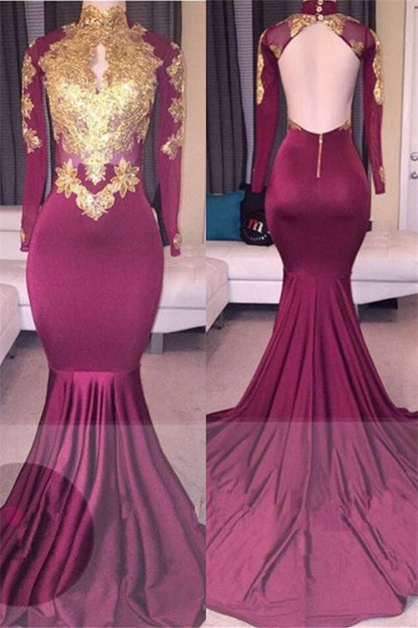 kamahe Elegant High-Neck Long-Sleeves Gold-Appliques Backless Prom Dresses