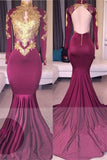 kamahe Elegant High-Neck Long-Sleeves Gold-Appliques Backless Prom Dresses