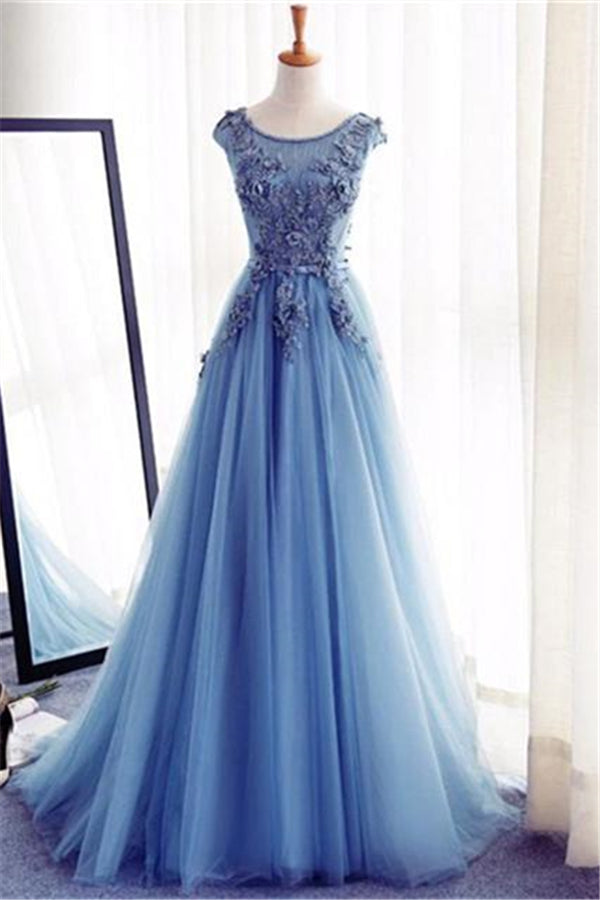 kamahe Elegant Illusion Sleeveless Lace Appliques A-line Lace-up Prom Party Gowns