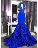 kamahe Elegant Long Sleeves Lace Appliques Prom Party Gowns on Sale Fit and Flare Royal Blue Floral Prom Party Gowns with Keyhole