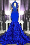 kamahe Elegant Long Sleeves Lace Appliques Prom Party Gowns on Sale Fit and Flare Royal Blue Floral Prom Party Gowns with Keyhole