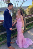 kamahe Elegant Mermaid Sequin Pink Long Prom Dresses Formal Dress