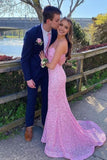 kamahe Elegant Mermaid Sequin Pink Long Prom Dresses Formal Dress