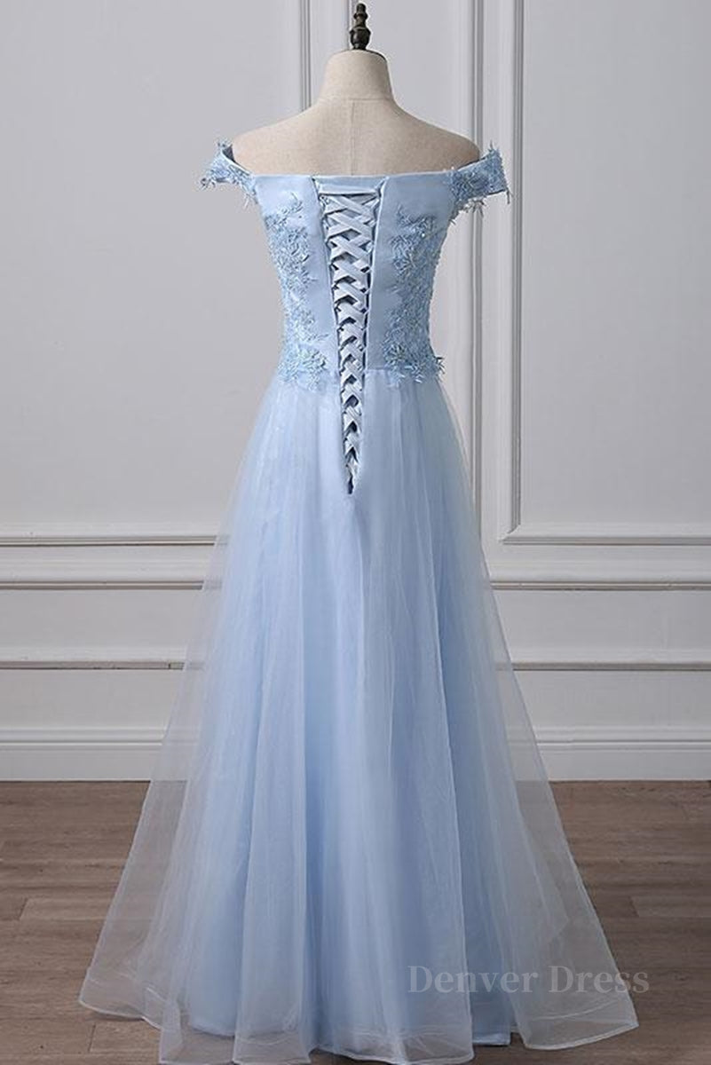 kamahe Elegant Off Shoulder Long Sky Blue Lace Prom Dress, Off Shoulder Sky Blue Formal Dress, Sky Blue Lace Evening Dress