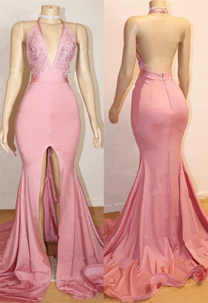 kamahe Elegant Pink Prom Party Gowns| Backless Lace Evening Gown With Slit