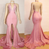 kamahe Elegant Pink Prom Party Gowns| Backless Lace Evening Gown With Slit