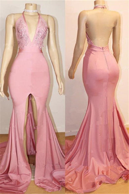 kamahe Elegant Pink Prom Party Gowns| Backless Lace Evening Gown With Slit