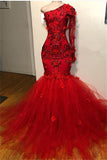 kamahe Elegant Red One-Shoulder Long-Sleeves Appliques Mermaid Prom Party Gowns