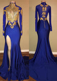 kamahe Elegant Royal Blue Prom Party GownsMermaid Long Sleeves With Appliques