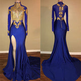 kamahe Elegant Royal Blue Prom Party GownsMermaid Long Sleeves With Appliques