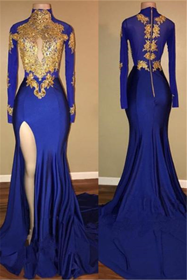 kamahe Elegant Royal Blue Prom Party GownsMermaid Long Sleeves With Appliques