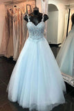 kamahe Elegant Spaghetti Straps Backless Long Blue Lace Prom Dress, Backless Blue Lace Formal Graduation Evening Dress