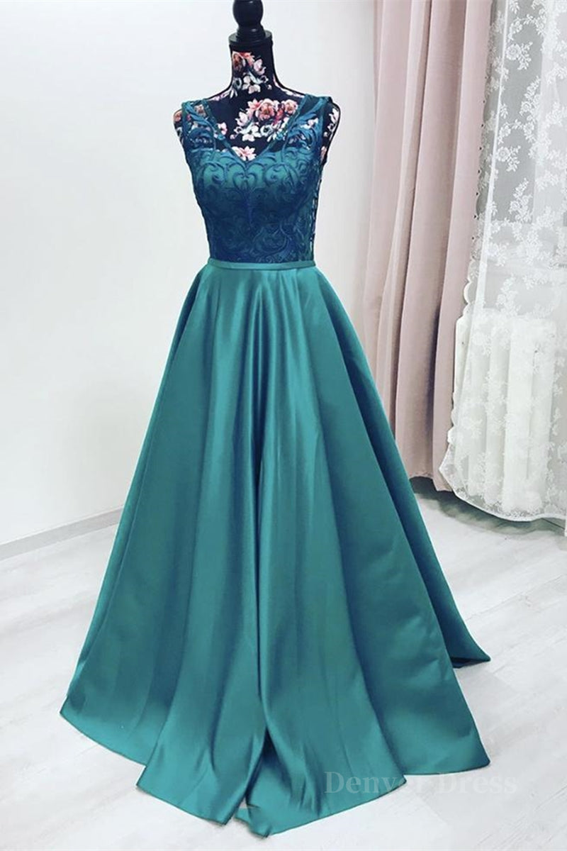 kamahe Elegant V Neck Green Lace Long Prom Dress, Green Lace Formal Graduation Evening Dress