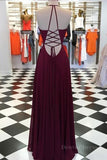 kamahe Elegant V Neck Open Back Burgundy Prom Dresses, Open Back Burgundy Formal Dresses, Long Burgundy Evening Dresses