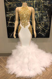 kamahe Elegant White And Gold Mermaid Prom Dress Sequins High Collar Chiffon Long