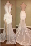 kamahe Elegant White Lace Halter Prom Party GownsMermaid Backless Party Dress With Slit