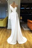 kamahe Elegant White Long Sleeve One Shoulder Prom Dress With Split