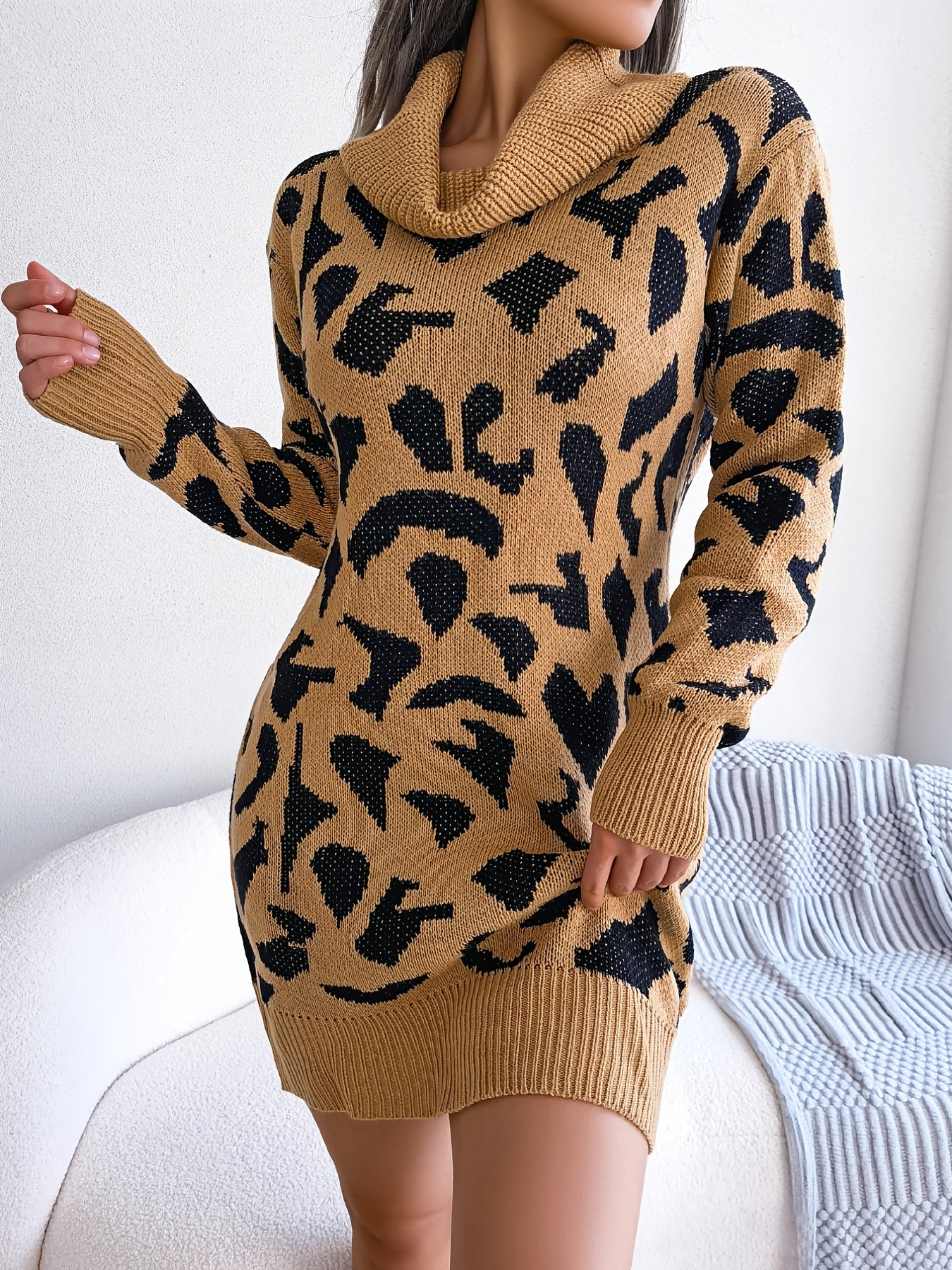 solvbaoLadies Turtleneck Leopard Print Sweater Dress, Long Sleeve Sweater Dress Without Belt, Casual Sweater Dress For Fall & Winter, Women's Clothing