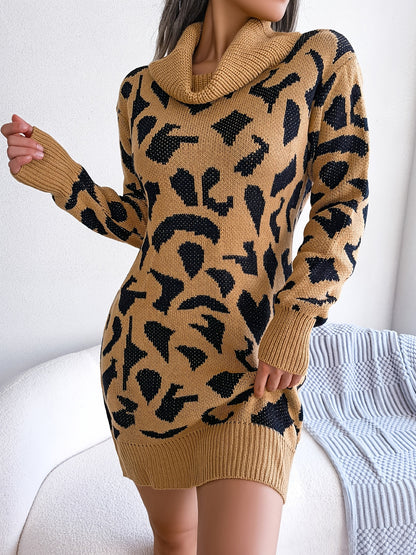 solvbaoLadies Turtleneck Leopard Print Sweater Dress, Long Sleeve Sweater Dress Without Belt, Casual Sweater Dress For Fall & Winter, Women's Clothing