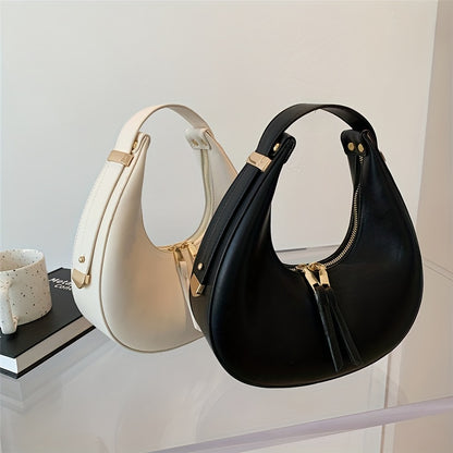 PU Leather Retro Baguette Bag, Solid Color Crescent Bag, All-Match Zipper Underarm Bag