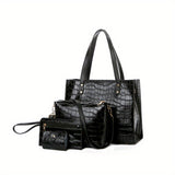 4pcs Crocodile Pattern Tote Bag Set, Women's Vintage Handbag With Crossbody Bag Wristlet Clutch Purse Card Holder