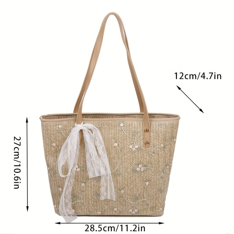 Women's Flower Lace Straw Tote Bag, Large Capacity Shoulder Bag, Boho Style Handbags For Travel Beach