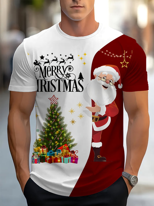 [Customer Favorite] Men's Festive 3D Santa Claus & Happy New Year Print T-Shirt - Casual, Stretchy Polyester Blend, Machine Washable - Perfect for Christmas & Holiday Parties