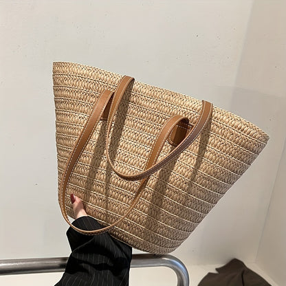 solvbao  Woven Straw Tote Bag, Portable Double Handle Stylish Handbag, Zipper Braided Straw Slouchy French Style Beach Bag